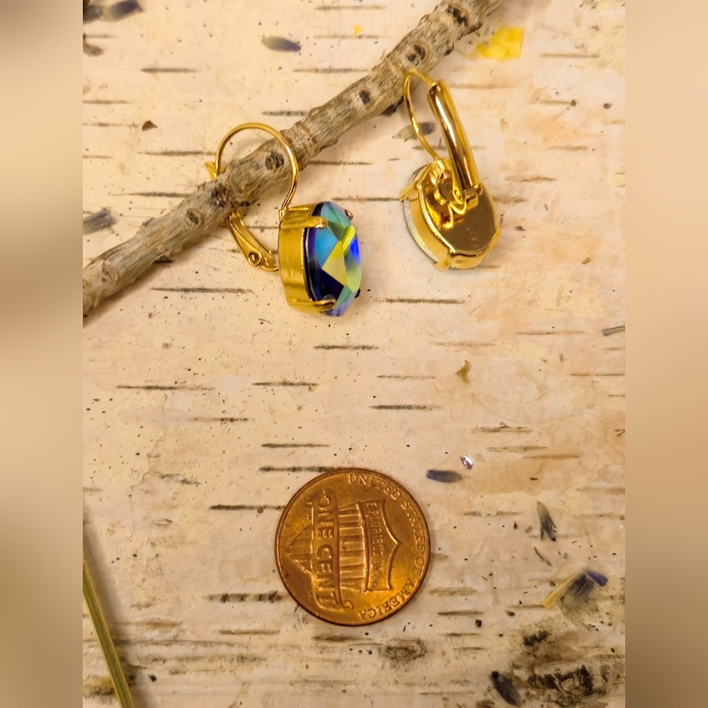 Blue So Very Metallic Swarovski Crystal In Gold Plated Drop Down Earrings - Picture 5 of 6
